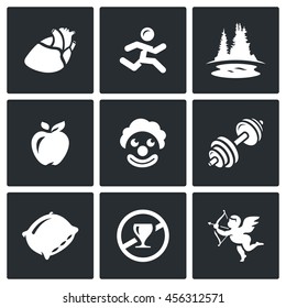 Vector Set of Long Life Icons. Pulse, Motion, Nature, Vitamins, Laugh, Sport, Sleep, Sobriety, Love. Heart, Man, Lake, Forest, Apple, Clown, Barbell, Pillow, Prohibition Alcohol, Cupid