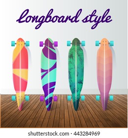 Vector set of longboard skateboards. Design elements and icons. Vector illustration.
