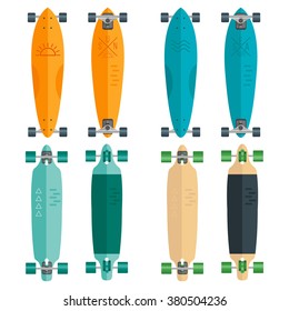 Vector set of longboards. Illustration of flat longboards isolated on white background. Flat colorful longboards.