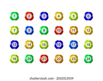 Vector set of lottery balls isolated on white, different numbers and colors, icons collection, gamble game concept.