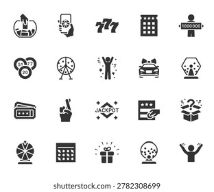 Vector set of lottery flat icons. Contains icons raffle, bingo, jackpot, winner, prize, surprise box, lotto and more. Pixel perfect.