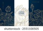 Vector set of lotus flower golden art deco patterns, floral line package labels. Perfume, beauty products, jewelry package, wedding invitations, asian style nature illustrations