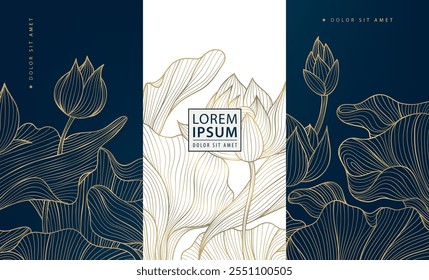 Vector set of lotus flower golden art deco patterns, floral line package labels. Perfume, beauty products, jewelry package, wedding invitations, asian style nature illustrations