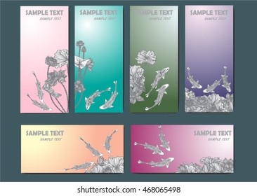 Vector set lotus and koi for background and text.beautiful  vector floral frame with lotus flowers and leaves in graphic style.