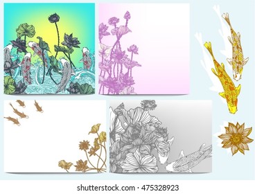 Vector set lotus and koi for background and text.beautiful vector floral frame with lotus flowers and leaves in graphic style.