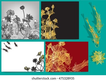 Vector set lotus and koi for background and text.beautiful vector floral frame with lotus flowers and leaves in graphic style.