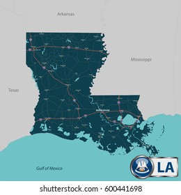 Vector set of Louisiana state with roads map, cities and neighboring states