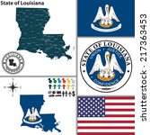 Vector set of Louisiana state with seal and icons on white background