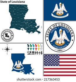 Vector set of Louisiana state with seal and icons on white background