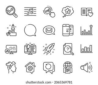 Vector set of Love book, Search document and Analytics line icons set. Report diagram, Recovery data and Loud sound icons. Work home, Creative design and Messenger signs. Love book web symbol. Vector