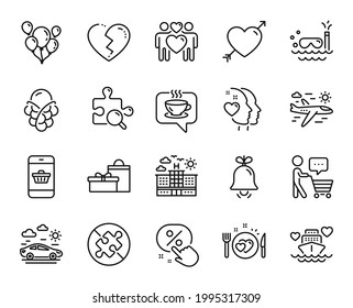Vector set of Love, Car travel and Honeymoon cruise line icons set. Discount button, Hotel and Buyer think icons. No puzzle, Heart and Balloons signs. Bell, Search puzzle and Ice cream. Vector