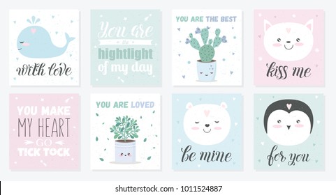 Vector set of love cards with cute animal. Posters with adorable objects on texture background, pastel colors. Valentine's day, anniversary, save the date, baby shower, bridal, birthday
