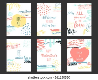 Vector Set of love cards for Happy Valentines day with heart and grunge brushes