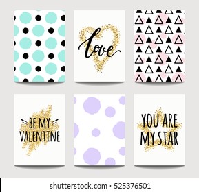 Vector set of love cards for wedding and Valentine's day with golden sparkling effects. Invitation, greeting card, poster design templates. A4.