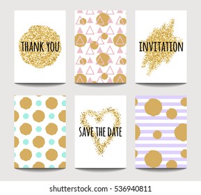 Vector set of love cards for wedding and Valentine's day with golden sparkling effects. Invitation, greeting card, poster design templates