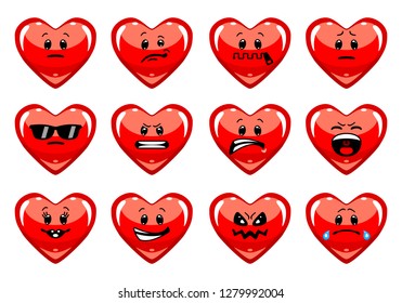 Vector set of love emoticons. Collection of heart characters with different emotions in cartoon style on white background
