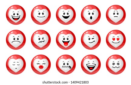 Vector set of love emoticons. Collection of red balls with white heart shapes with different emotions in cartoon style