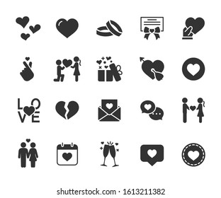Vector set of love flat icons. Contains icons of heart, wedding rings, couple in love, broken heart, Korean love sign, Valentines day and more. Pixel perfect, scalable 24, 48, 96 pixels.