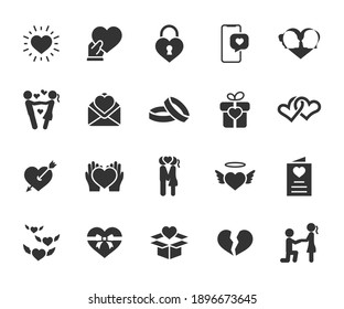 Vector set of love flat icons. Contains icons heart, valentine, proposal, gift, couple in love, kiss, love letter and more. Pixel perfect.