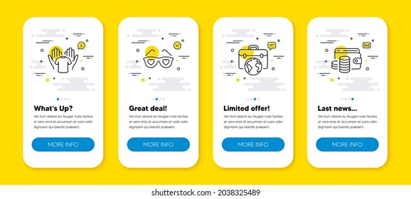 Vector set of Love glasses, Businessman case and Hold t-shirt line icons set. UI phone app screens with line icons. Wallet money icon. Vector