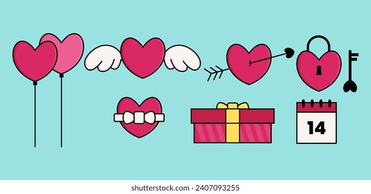  vector set of love heart clipart, flat design cartoon valentine theme