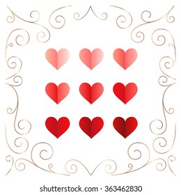 Vector set with love hearts and golden frame.