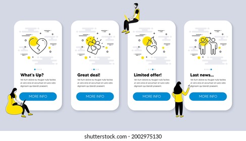Vector Set of Love icons related to Broken heart, Love gift and Heart flame icons. UI phone app screens with people. Friends couple line symbols. Love end, Friendship. Phone UI banners. Vector
