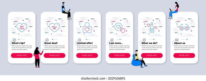 Vector Set of Love icons related to Say yes, Like button and Call me icons. UI phone app screens with teamwork. Wedding locker, Love champagne and Love glasses line symbols. Vector