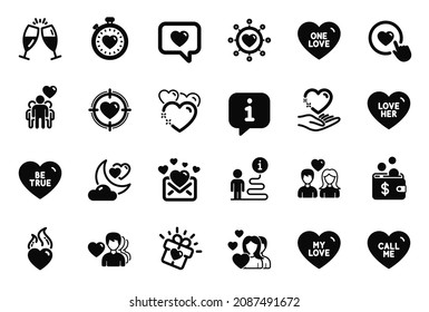 Vector Set of Love icons related to My love, Heart and Be true icons. Love gift, Call me and Valentine target signs. Like button, Hold heart and Couple. Heartbeat timer, Champagne glasses. Vector