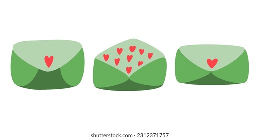 Vector set of love letter with red hearts. Cute holiday decoration isolated on white background.