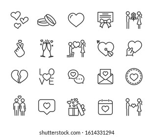 Vector set of love line icons. Contains icons of heart, wedding rings, couple in love, broken heart, Korean love sign, Valentines day and more. Pixel perfect, scalable 24, 48, 96 pixels.