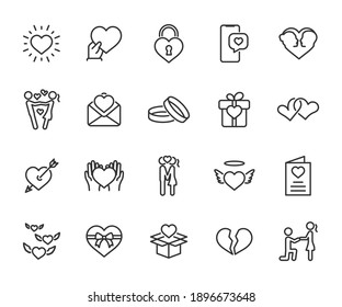 Vector set of love line icons. Contains icons heart, valentine, proposal, gift, couple in love, kiss, love letter and more. Pixel perfect. - Shutterstock ID 1896673648