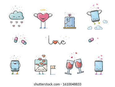 Vector set of love message icons, cute cartoon characters with smile and love 