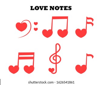 Vector set with love music. Icon of notes with hearts. 