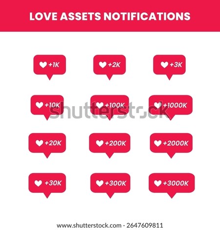 A vector set of love notification icons with heart symbols and increasing like counts. Ideal for social media UI, app interfaces, follower stats, or influencer content visuals. Flat modern design.