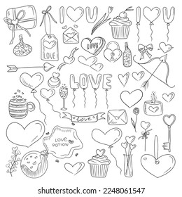 Vector set with love romantic elements: hearts, flask with love potion, envelopes, letters tag. Key, candle, balloons cupcakes branch glass champagne, ribbon, flower, bow and arrow, stick bottle.