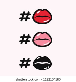 Vector set of love sticker icons with kisses. Red, pink and black lips with a hashtag sign.