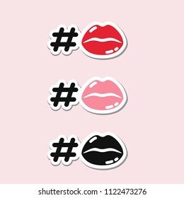 Vector set of love sticker icons with kisses. Red, pink and black lips with a hashtag sign.