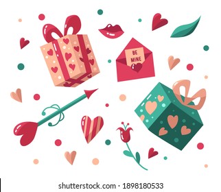 Vector set of love stickers. Collection: heart, lips, envelope with a letter, cupid's arrow, flower, gifts. Happy Valentine's day.