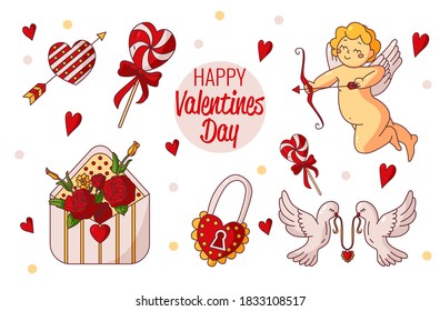 Vector set of love stickers and labels. Collection: heart, candy, cupid, envelope with flowers, lock for a key, pigeons. Trendy illustration for t-shirt printing or banner. Happy Valentine's day.
