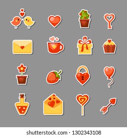Vector set of love stickers for the Saint Valentine's Day. Collection of cartoon objects - hearts, envelope, cup, birds, flowers, arrow, lock, balloon, candy, cake, gift, strawberry, key, bottle.