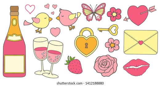 Vector set of love story in the colors of pink and yellow. A sticker for designing invitations for the wedding day, greetings to the Valentine's Day