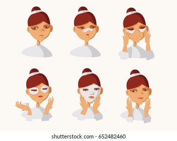 Vector set with lovely brunette girl taking care of her skin. Collection isolated on background with girl applying patches under eyes, preventing blackheads, refreshing skin tone. Before and after