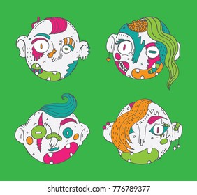 Vector set with lovely doodle zombies feads. Smiling happy faces, hand drawn, isolated on background.