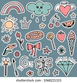 Vector set of lovely hand-drawn stickers. Isolated illustrations.