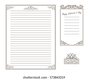 Vector set of lovely paper notes, different size. Paper pages for notebook, diary, letters, notes, school notes, workbook, sticker notes. Ornate illustration in vintage style. Note for love messages 