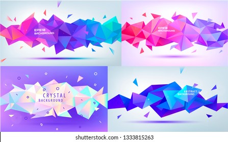 Vector set of low poly, facet, 3d geometric shapes. Modern multicolor backgrounds, horizontal banners. Illustration of abstract texture with triangles. Pattern design for banner, poster, flyer