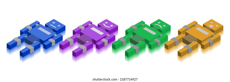 Vektorset von Low-Polygonal 3d-Quadrat mehrfarbig flach abstrakte einfache Männer mit unterschiedlichen Emotionen auf weißem Hintergrund. Undifferenz, Lächeln, Wut und Überraschung