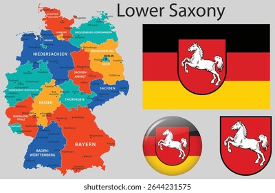 Vector set of Lower Saxony including the official flag, coat of arms, and updated map. Part of the complete German flag and emblem collection.