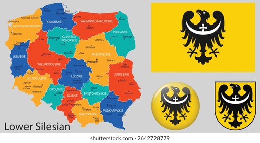 Vector set of Lower Silesia Region with flag, coat of arms, and map. Great for Polish regional identity, educational, and editorial use.